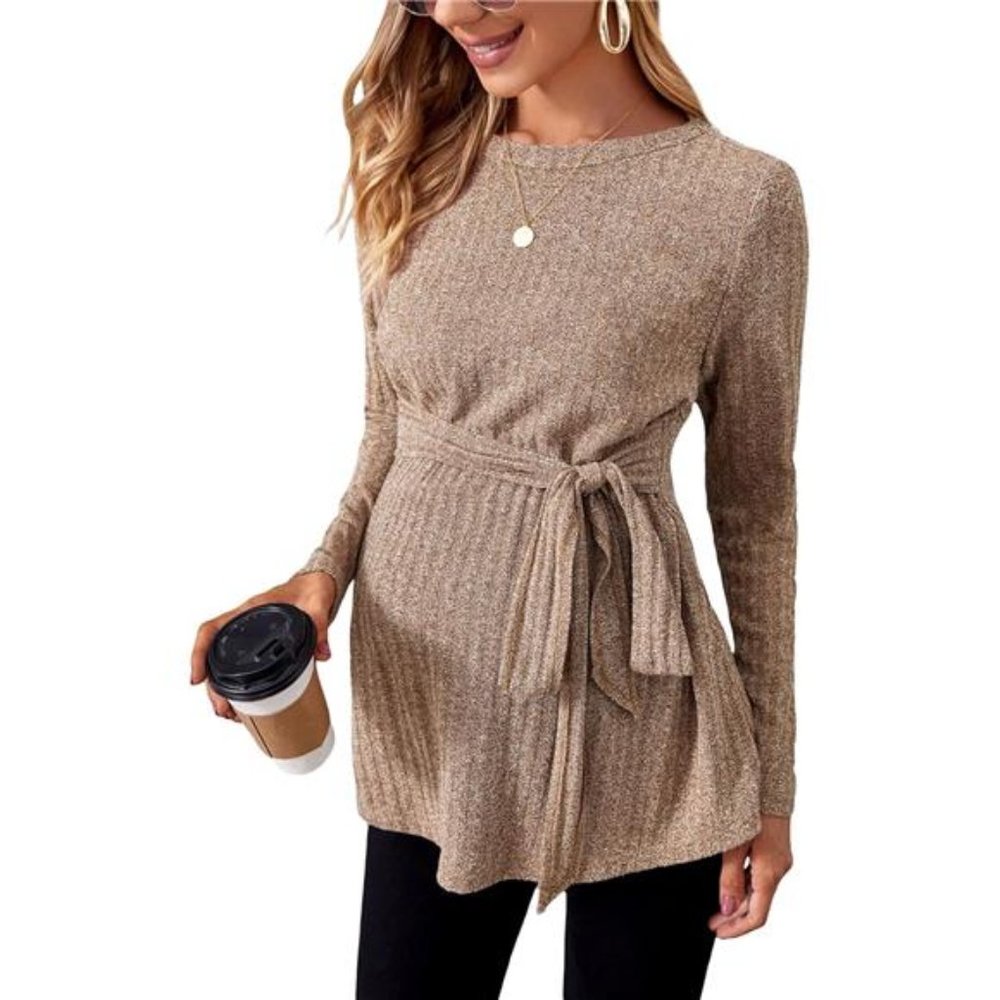 Women's Maternity Shirts Long Sleeve Tie Front Ribbed Knit Pregnancy Tee Top
